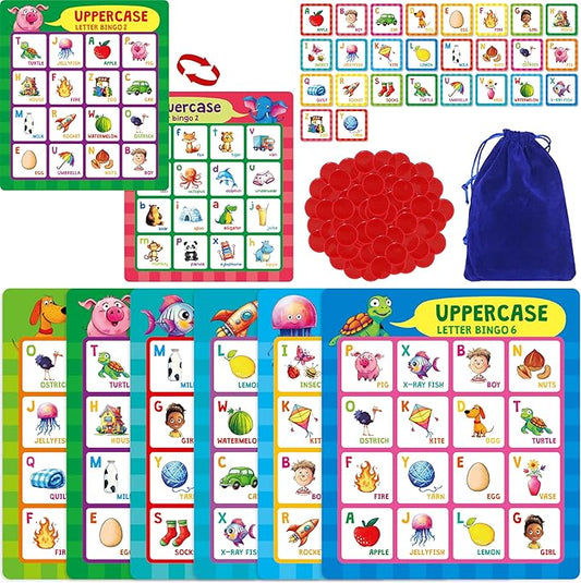 SpriteGru Alphabet Bingo Game, Uppercase/Lowercase/First Words Bingo Educational ABC Letter Learning Board Game for Kindergarten and Preschool Kids Aged 4+, Perfect for Classroom & At Home