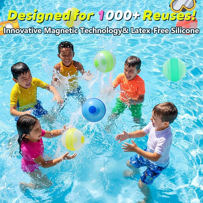 Reusable Water Balloons 6 Pcs Quick-Fill Self-Sealing Pool & Beach Water Toys for Boys Girls Ages 3-12, Outdoor Summer Splash Balls for Backyard Kids Activities (6 Colour)