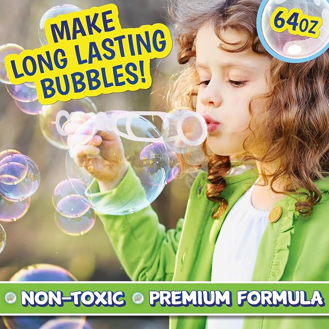 Sunny Days Entertainment Bubble Solution Refill with Wand 64oz Non Toxic Dye Free (1/2 Gallon), Kids Easy Grip Bottle Refill for Bubble Machine, Bubble Wands, Bubble Toys, Blue or Green Bottle