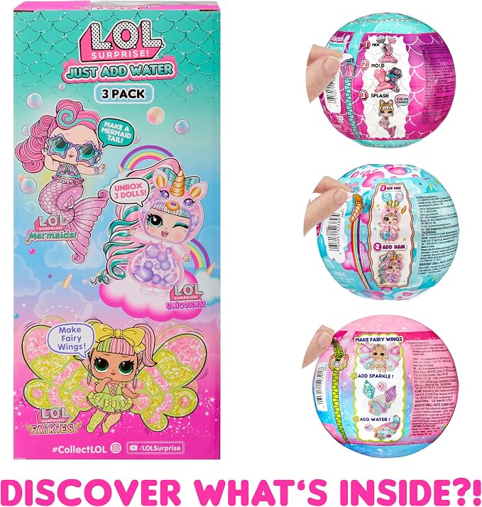 LOL Surprise Tots Just Add Water 3-Pack with 3 Make-Your-Own Fantasy Dolls and 25+ Surprises to UNbox Including Mermaid, Fairy, and Unicorn Dolls and Magical Crafts – Great Gift for Kids Ages 4+