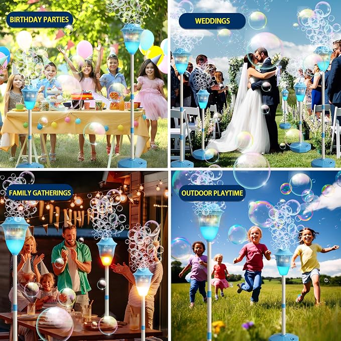 Automatic Bubble Machine with LED Lights & Music, Tall Rechargeable Bubble Maker for Kids, Adjustable Height 47 Inches Outdoor Bubble Stand Machine for Birthday Party, Wedding, Garden, Camping