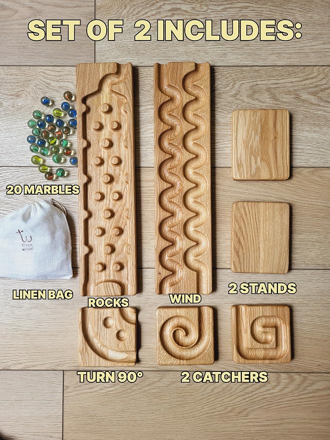 Wooden Marble Run Track Set of 2 – Montessori STEM Toy for Kids – Race Machine & Maze Board – Educational Wooden Roller Track Game – Wind & Rocks Run Gift for Children