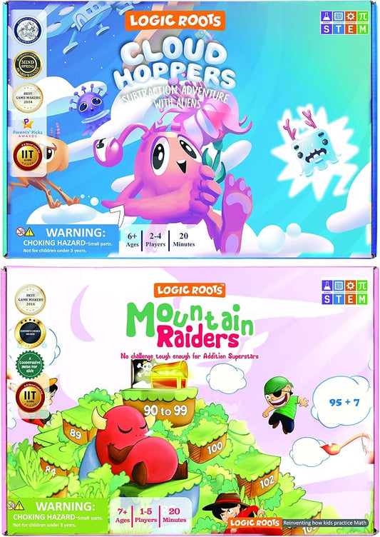 Addition and Subtraction Game - Fun Math Board Game for 6-8 Year Olds, Easy to Play Educational Game for Kids at Home, STEM Toy Gift for Girls & Boys (Cloud Hoppers + Moutain Raiders)