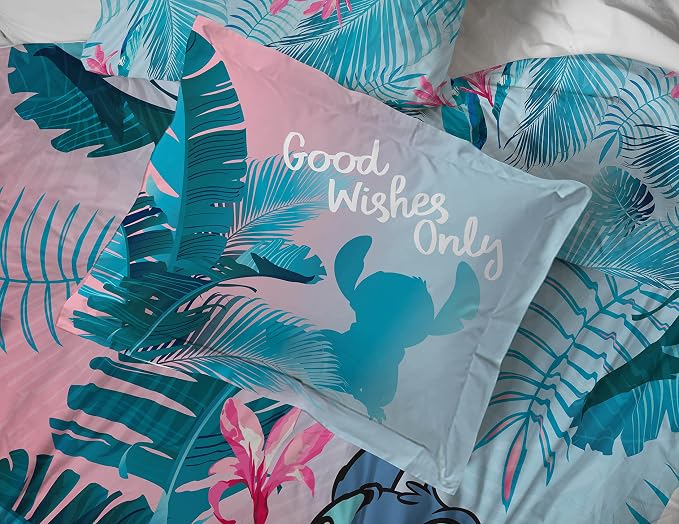 Jay Franco Disney Lilo & Stitch Floral Fun 7 Piece Queen Bed Set - Includes Reversible Comforter & Sheet Set Bedding - Super Soft Fade Resistant Microfiber - (Official Disney Product)