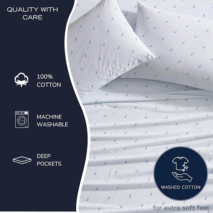 Nautica - Queen Sheets, Cotton Percale Bedding Set, Casual Bedding Set (Boat Stripe Pale Blue, Queen)