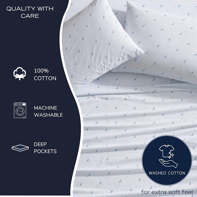 Nautica – Twin Size Sheet Set, Crisp Cotton Percale Bedding with Matching Pillowcase, Lightweight & Breathable Bed Sheets, Deep Pocket, College Dorm Room Essentials (Lobster Walk Blue)