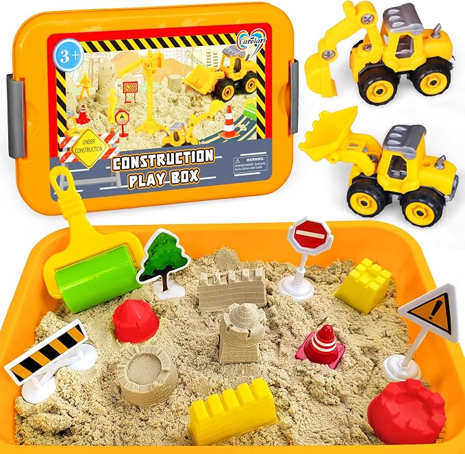 Carolart Construction Sensory Bin, Mess-Free Sandbox Playset with Glow in The Dark Stones, Play Sand with Toy Excavator and Bulldozer, Sensory Sand Activity Kit, STEM Gift for Boys Girls Ages 3-8