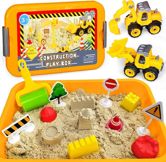 Carolart Construction Sensory Bin, Mess-Free Sandbox Playset with Glow in The Dark Stones, Play Sand with Toy Excavator and Bulldozer, Sensory Sand Activity Kit, STEM Gift for Boys Girls Ages 3-8