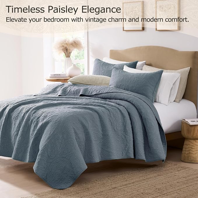 palassio Blue Paisley 100% Cotton Quilt California Cal King Size Bedding Sets with 2 Pillow Shams, Oversized Boho Floral Farmhouse Vintage Soft Bedspread Shabby Chic Coverlet for All Season, 3 Pieces