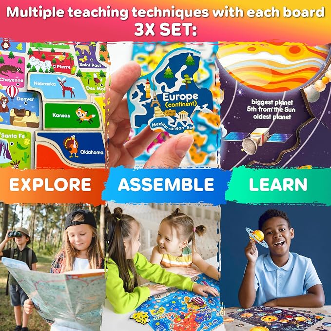 QUOKKA Puzzles for Kids Ages 4-6 - 3 Set Toddler Wooden Puzzles for Kids Ages 3-5- Learning United States Toys for Childrens 6-8 - Educational Toys for 3 Year Old Boys and Girls - Award Winning
