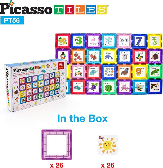 PicassoTiles Magnetic Building Blocks with Tiles and Educational Artwork Graphic Click-in Inserts Magnet Construction Toy Set STEM Learning Kit Playset Child Brain Development PT56