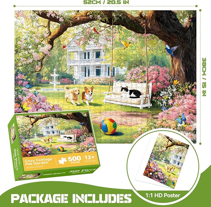 500 Piece Jigsaw Puzzle for Adults – Garden Animal Jigsaw Puzzles 500 Pieces, Cats Dog Flowers Puzzles for Adults 500 Pieces, Challenging Perdfect for Game Nights, 20.5 X 15 in
