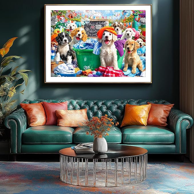 Puppy Party 1000 Piece Jigsaw Puzzle for Adults Dog Playful Scene Colorful Clothes Laundry Day Puzzles with Letters on Back Adult Games for Game Night Fun, 27x20 Inch