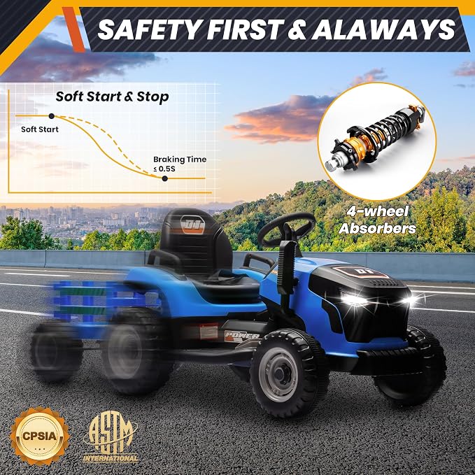 JOYRACER 24V Ride On Toys for Kids, Electric Ride on Tractor w/400W Motors, Tiltable & Detachable Trailer, Adjustable Seat, Bluetooth, Music, Remote Control Tractor Toys for Boys, Sapphire
