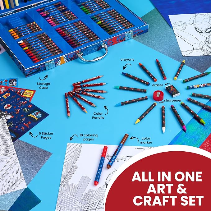 Marvel Art Case for Boys with Colored Pencils Washable Markers Crayons Stickers Drawing Supplies Travel Paint Kit Gifts for Kids (Spiderman Art Case)