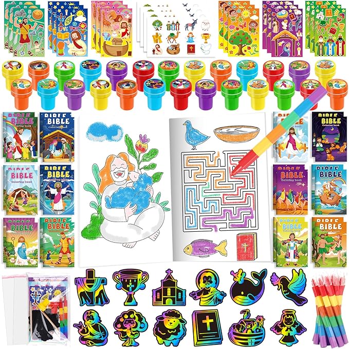 BenLouis Bible Party Favors Christian Inspirational Verses Coloring Set Gift Prizes Bulk for Kids Operation Christmas Child Sunday School Religious Activities Goodie Bag Stuffers（24set Christian）