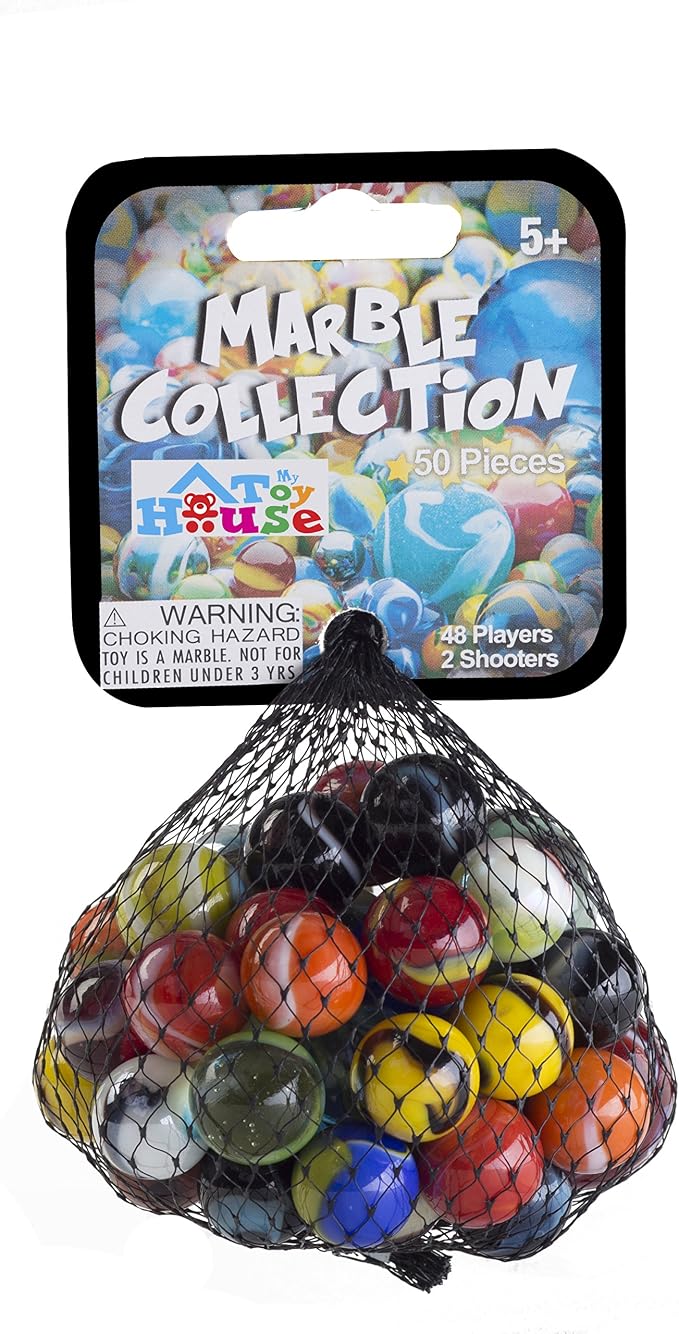 Ader Products Glass Marbles Bulk, Set of 50, (48 Players and 2 Shooters) Assorted Colors, Styles, and Finishes. Marble Games