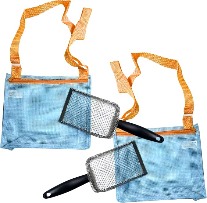 4E's Novelty 2X Shark Tooth Sifter for Beach with 2X Small Mesh Beach Bag for Shell Collecting, Metal Sand Scoop for Picking Up Shells - Beach Toys for Kids (2 Sets)