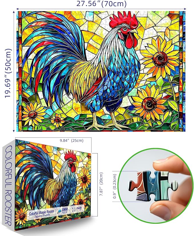 Stained Glass Rooster Puzzles for Adults 1000 Pieces Colorful Rooster Puzzle for Adults Mosaic Jigsaw Puzzles1000 Pieces with Letters on Back Hard Impossible Difficult Challenging Family Puzzle