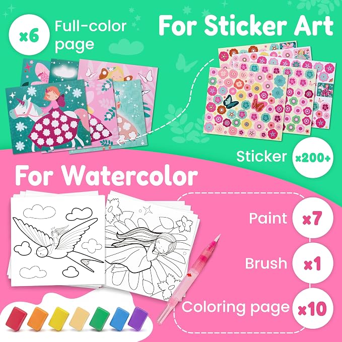 JoyCat Paint with Water Coloring Books & Creative Sticker(Tiny Fairy) | Watercolor & Sticker Activity - 200 Pcs Stickers for Kids, Toddler Painting Set, Art & Craft Travel Toy Gifts for Boys Girls