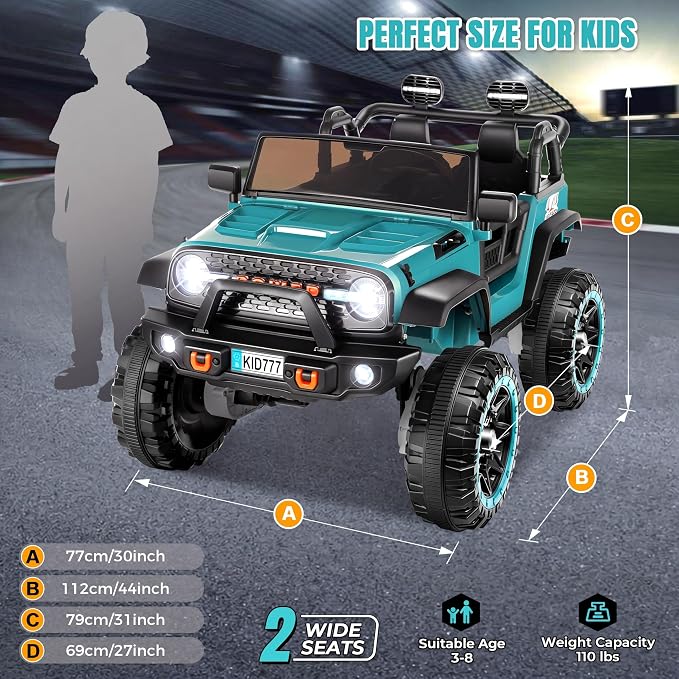 Hikole Two Seater Kids Ride on Car with Remote Control, 4WD/2WD Switchable Truck, 20" Spacious Seat, 4xSpring Suspension, Music, 4x75W 5.9MPH, 24 Volt Electric Car for Big Kids - Teal