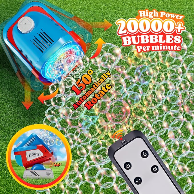 Belemar Upgraded Bubble Machine with Remote Control, Automatic Rotation & RGB Lights, 1800mAh Rechargeable Battery, Type-C Charge, Bubble Maker for Kids, Weddings, Birthday Parties, Outdoor Activities