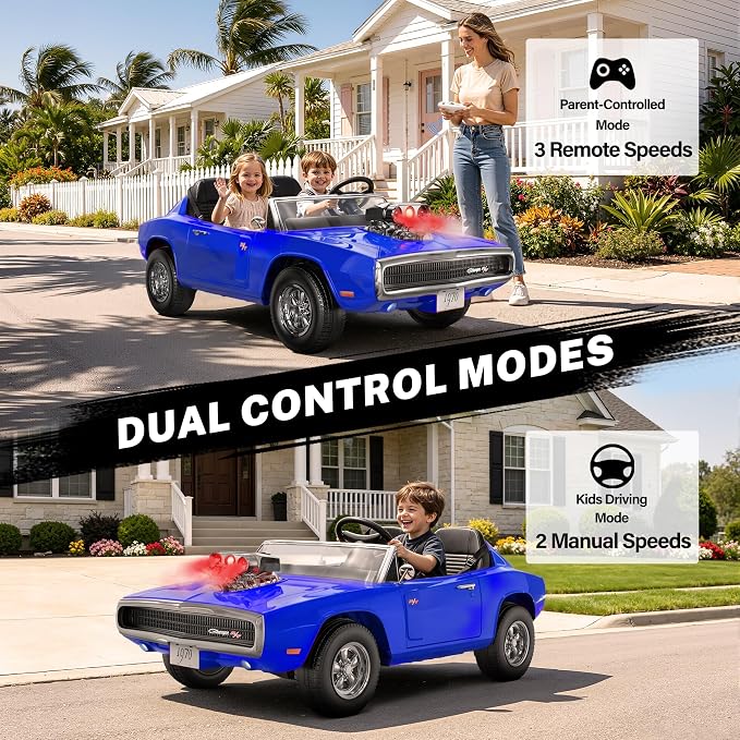 Licensed 1970 Dodge Charger 24V Ride on Toys for Big Kids, 2 Seater Ride on Car with Parent Remote Control, Dual 120W Motors, Bluetooth Music, LED Lights, Hood Supercharger with Mist, 5 MPH