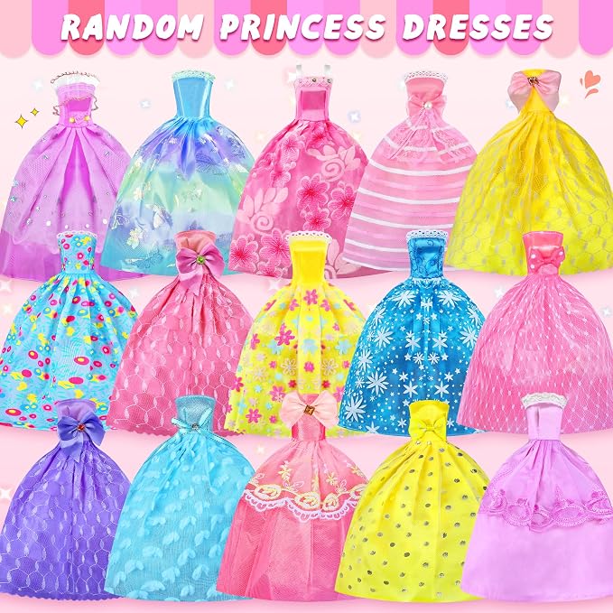 135 Pcs Doll Clothes and Accessories with Doll, Princess Gowns, Fashion Dresses, Slip Dresses, Top, Pants, Jumpsuit, Swimsuits, Shoes, Hangers, Doll Dress up Toys for Girls Kids Toddlers Toy Gifts