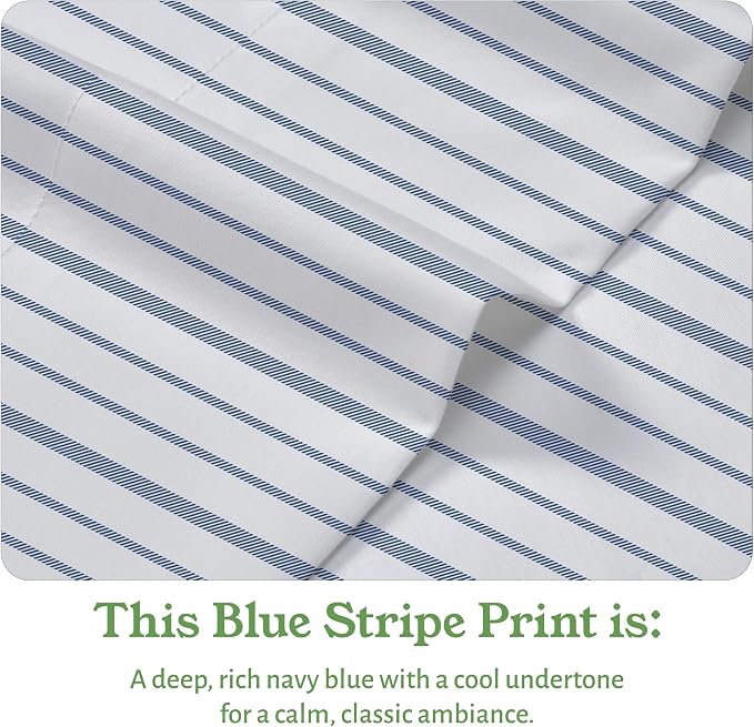 California Design Den King Bed Sheets Stripe, 100% Organic Cotton Percale Sheets, Deep Pocket King Sheets & Pillowcase Set - Blue Stripe