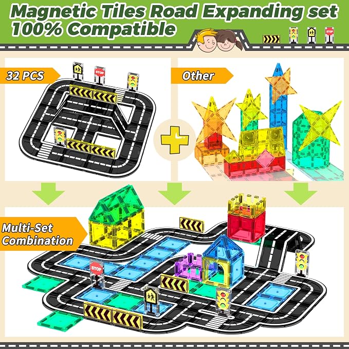 Goodtiles Magnetic Tiles Road Expansion Set, STEM Magnetic Building Blocks for Kids Ages 3-5 4-8 5-7, Preschool Learning Sensory Kids Toys for Toddler Birthday
