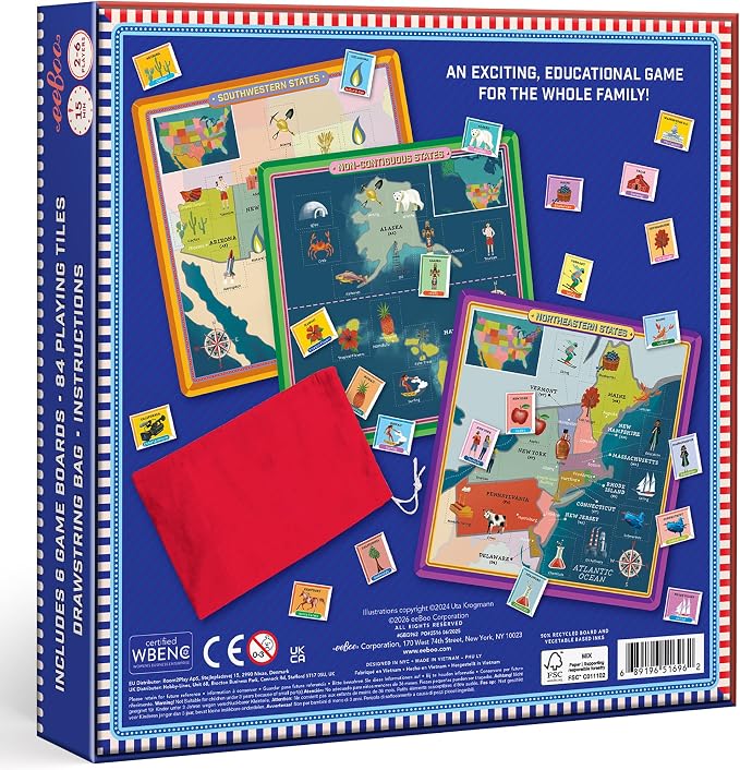 eeBoo: USA Geography Bingo for Kids for Ages 5+, A Fun Kids Learning Game that Teaches About the USA and Improves Memory
