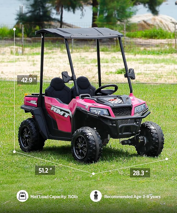 ELEMARA 24V Ride on Toy for Big Kid,Ride on Car 2 Seater w/Sun Shade,Dump Bed & Shovel,4.5MPH,4WD Electric Car for Kids,Battery Car w/Remote,Kids Ride on Truck,3 Speeds,LED Lights,Bluetooth, Hot Pink