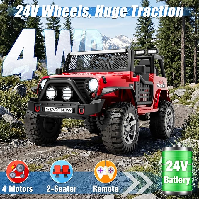 24V 4WD Ride on Truck Car w/800W Motors, Gift Flower, Remote Control, 2 Seater, 3 Speeds, Pop Music, Power 4 Wheels, 24 Volt Ride on Toy Cars for Big Kids Boys Girls, Red