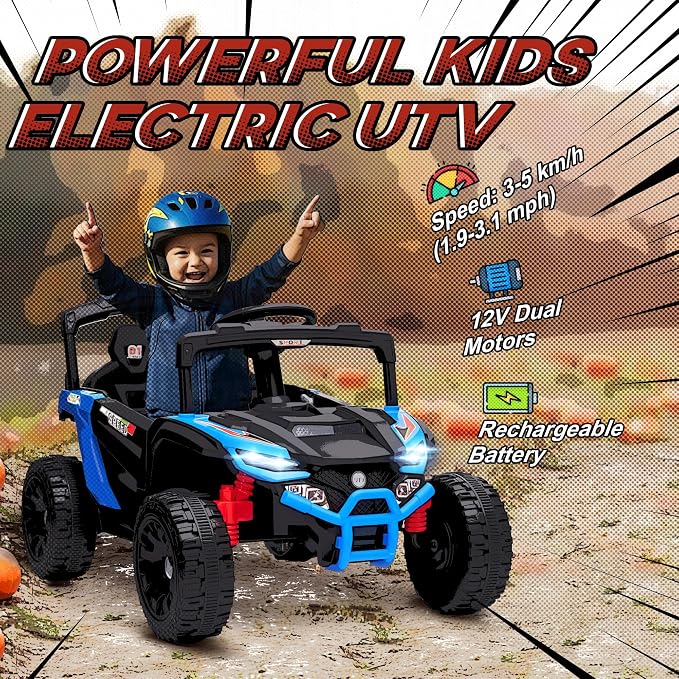 Qaba 12V Kids Ride On Car Truck, Battery Powered Electric UTV Vehicle with Rear Suspension, Remote Control, LED Lights, Music, Horn, Speed Up to 3.1 mph, for 3-5 Years Boys Girls, Blue