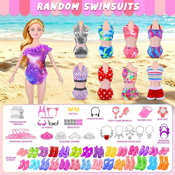 135 Pcs Doll Clothes and Accessories with Doll, Princess Gowns, Fashion Dresses, Slip Dresses, Top, Pants, Jumpsuit, Swimsuits, Shoes, Hangers, Doll Dress up Toys for Girls Kids Toddlers Toy Gifts