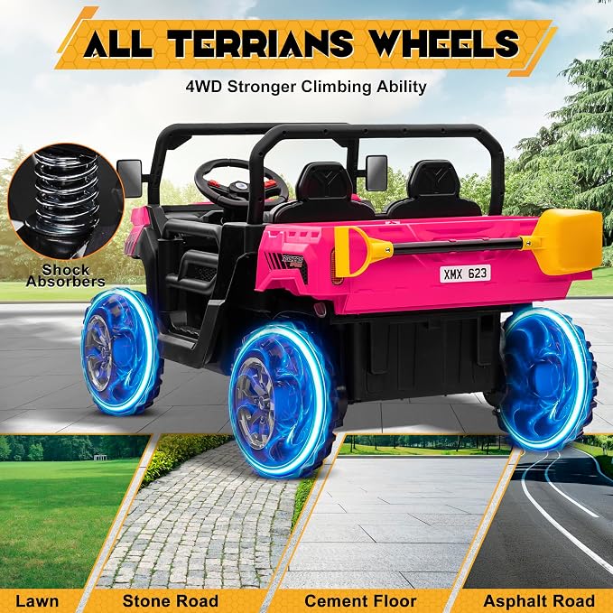 24V 4WD Ride on Car Dump Truck w/4X200W Motor, 2 Seaters, Gift Flower, 2.4G Remote Control, Bluetooth Music, LED Light, 24 Volt Ride on Toy Cars for Big Kids, Pink