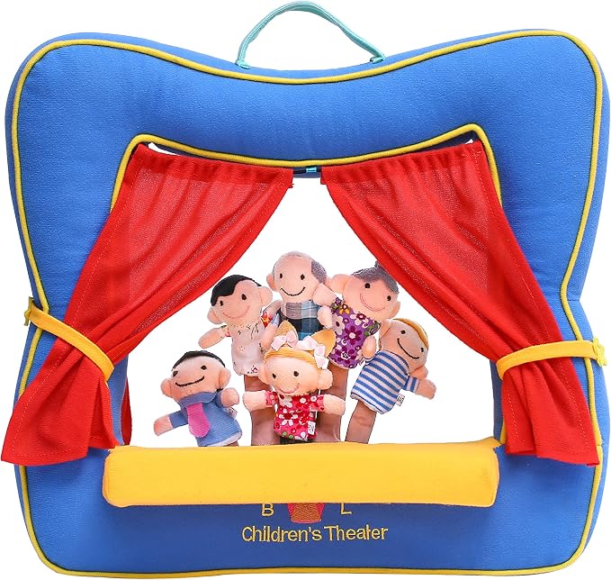 Finger Puppet Theater Stage by Better Line - Set Includes 6 Finger Family Puppets - Portable Plush Finger Puppet Theater is the Best Preschool Kids (Blue)