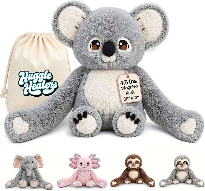 Huggle Healers Weighted Stuffed Animals for Adults, Teens and Kids - 36 Inch Long Plush Arms Grey Stuffed Animal for Hugs - 4.5lb Koala Plushies - Noa Koala