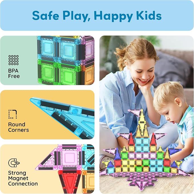 PicassoTiles 65pc Nano Magnetic Tile Travel Size Mini Portable Toy Construction Building Blocks Playset with Storage Bag Pouch STEM Montessori Classroom Magnet Tiles Stacking Toys for Kids Age 3+ PN03