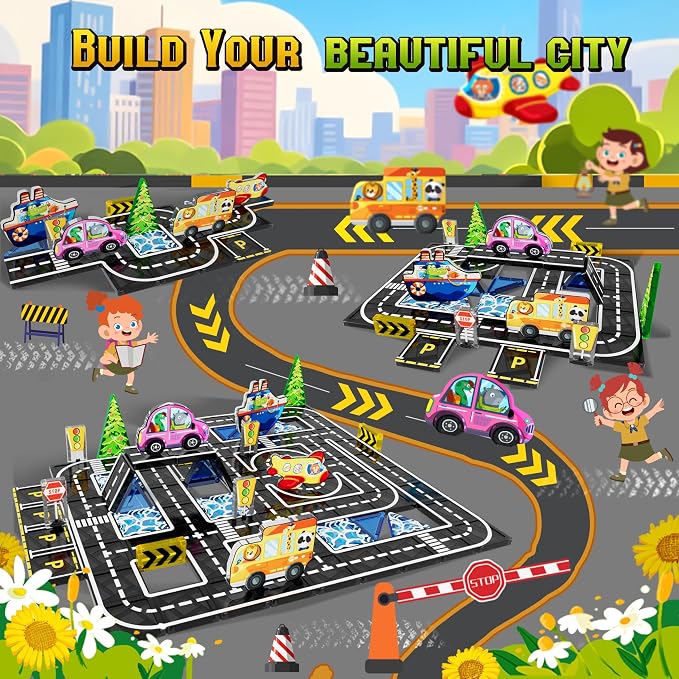 40PCS Mini Magnetic Tiles – City Road Building Blocks Set in Iron Case, Portable STEM Travel Toys for Toddlers, Quiet On-the-Go Activities & Preschool Learning for Kids