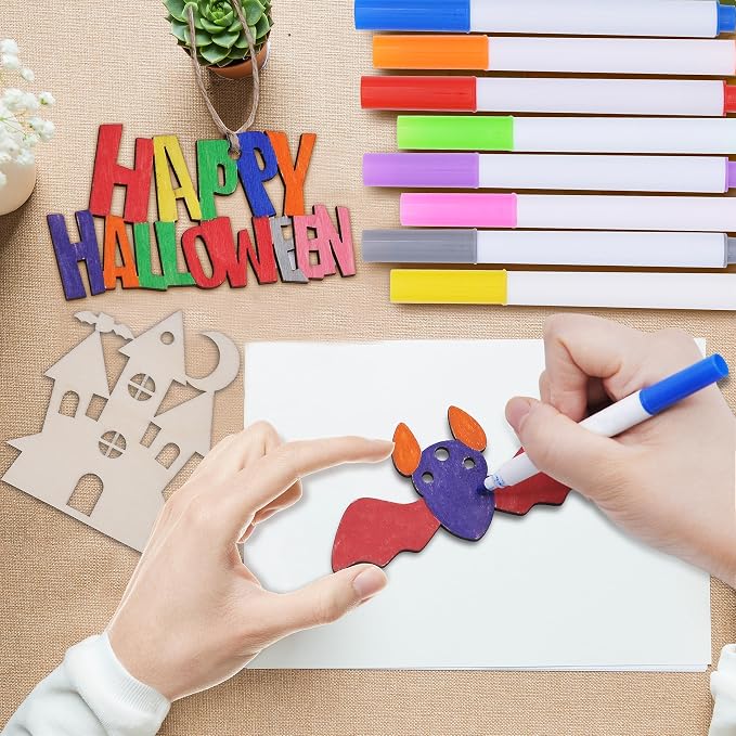 JOYIN 60 Pcs Halloween Craft Wooden Painting Kit, Halloween Party Supplies, Party Favors for Kids, Wood Blank Cutouts Ornaments, Gift Tags Decor for School Art DIY Activities Goodies Games
