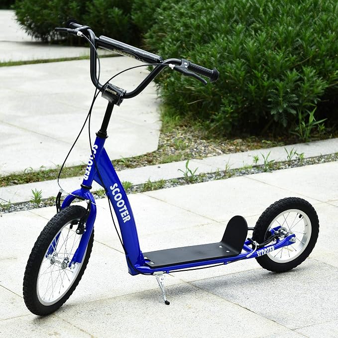 Aosom Youth Scooter Kick Scooter for Kids 5+ with Adjustable Handlebar 16" Front and 12" Rear Dual Brakes Inflatable Wheels