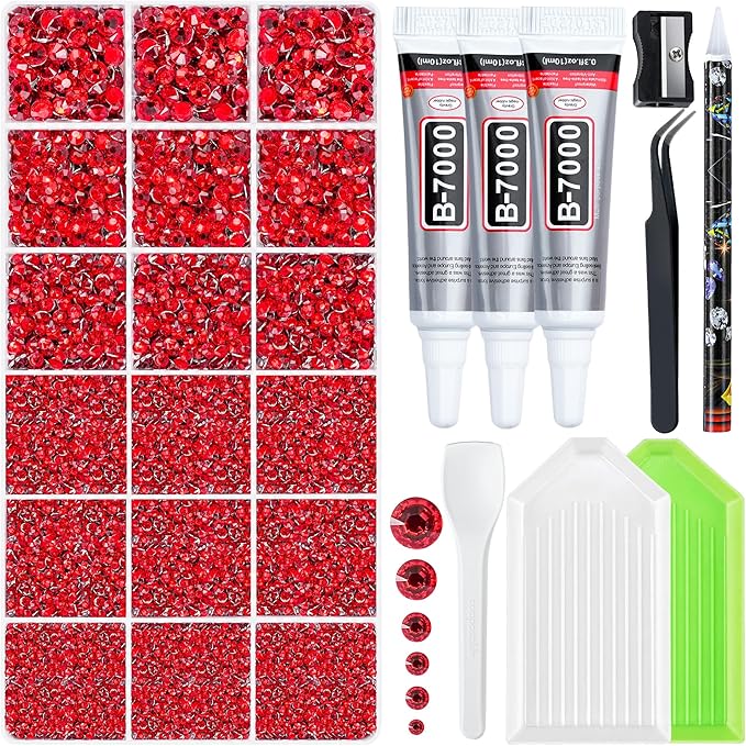 32000 Pcs Resin Jelly Rhinestones Kit, Red 2/3/4/5/6mm Flatback Rhinestones with 3 Pcs B7000 Jewelry Glue & Tools, All-in-One Bedazzling Kit for DIY Arts & Crafts Gifts
