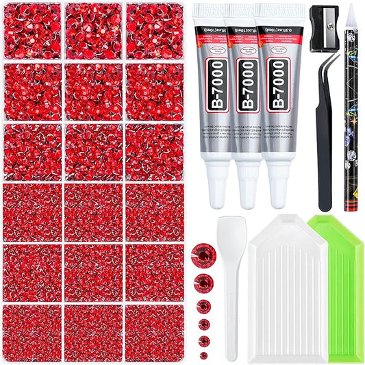 32000 Pcs Resin Jelly Rhinestones Kit, Red 2/3/4/5/6mm Flatback Rhinestones with 3 Pcs B7000 Jewelry Glue & Tools, All-in-One Bedazzling Kit for DIY Arts & Crafts Gifts