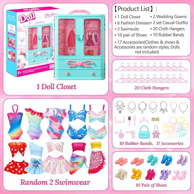 Style Shine 70 Pcs Doll Closet with Clothes & Accessories Playset,2 Wedding Gowns 6 Fashion Dresses 2 Tops 2 Pants 2 Swimsuits 10 Shoes 20 Hangers 27 Accessories Toys for Girls Kids Gifts