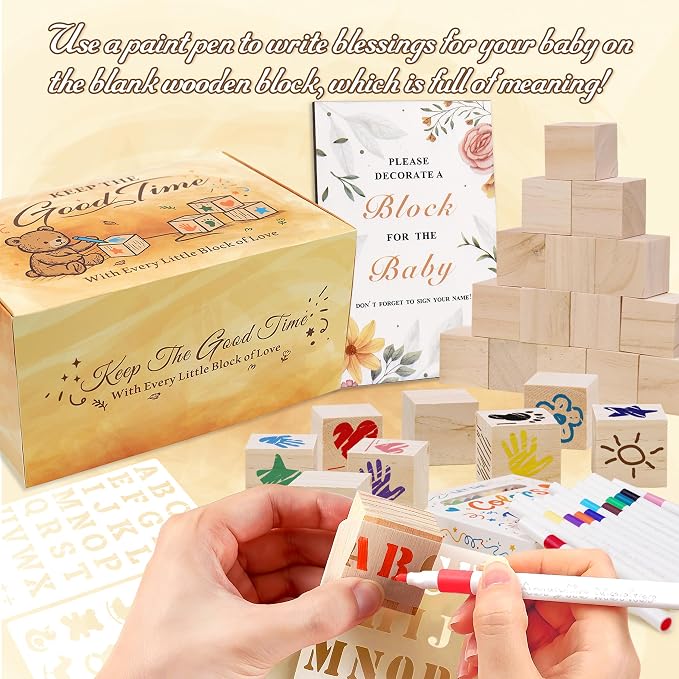 95 PCS Shower Games Sign Kit for Boys Girls, 1 Wooden Game Sign, 52 Blank Wooden Blocks for DIY Drawing, 24 Markers, 18 Stencils, Shower Game for Gender Reveal Activity Decorations
