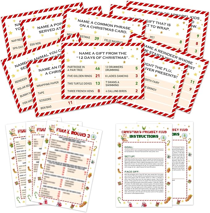 Christmas Games For Families, Christmas Friendly Feud Game, Holiday Games For Adults Large Group Party, Christmas Party Games, Christmas Trivia Card Games - a001
