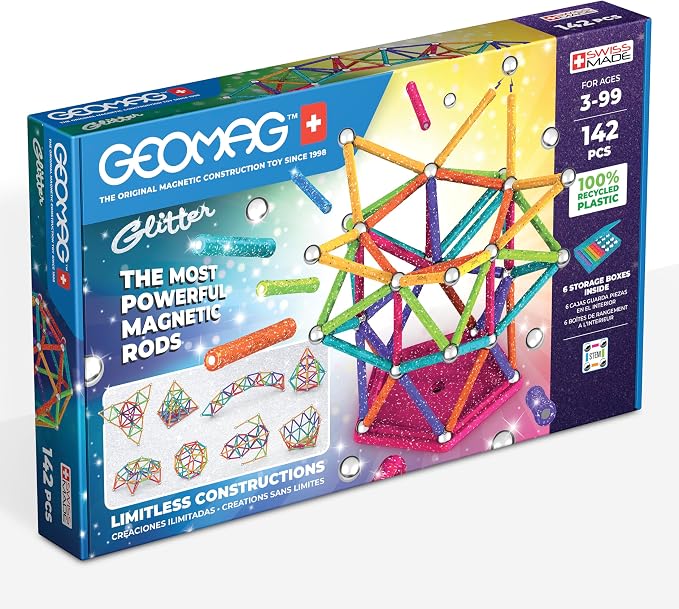Geomag Classic Glitter 142-pc Magnetic Construction Set for Kids Ages 3 and Up | Swiss-Made STEM Educational Toy Made from 100% Recycled Plastic | Screen-Free Activity