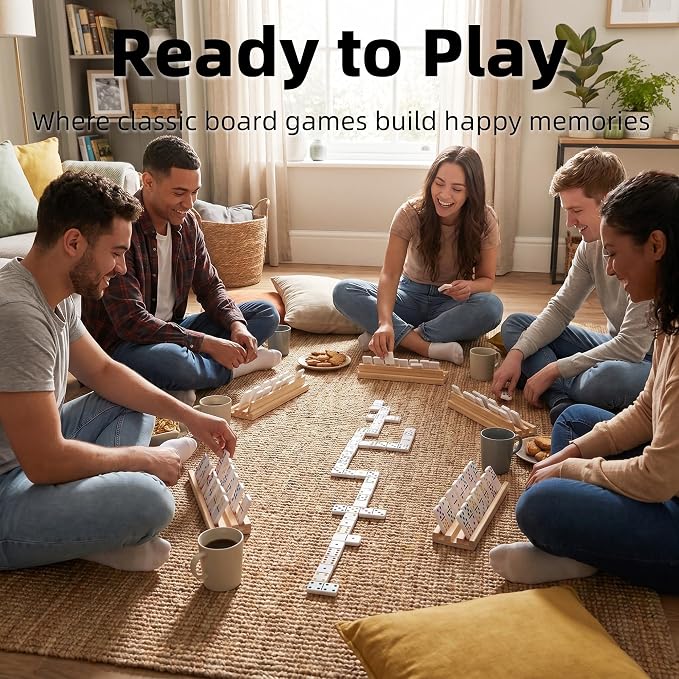 Mexican Train Dominoes Set Double 12 Dot Domino Tiles, 91 Tiles with 8 Wooden Racks, Hub & Trains, Portable Domino Game Set for Adults Kids Families