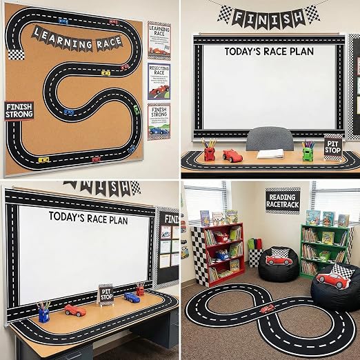 6 Pcs Christmas Race Party Decorations 39"x4" Racetrack Felt Roadway Mat for Cars with Double-Sided Tape, Christmas Village Road for Wall Floor Decoration, Car Themed Birthday Decor